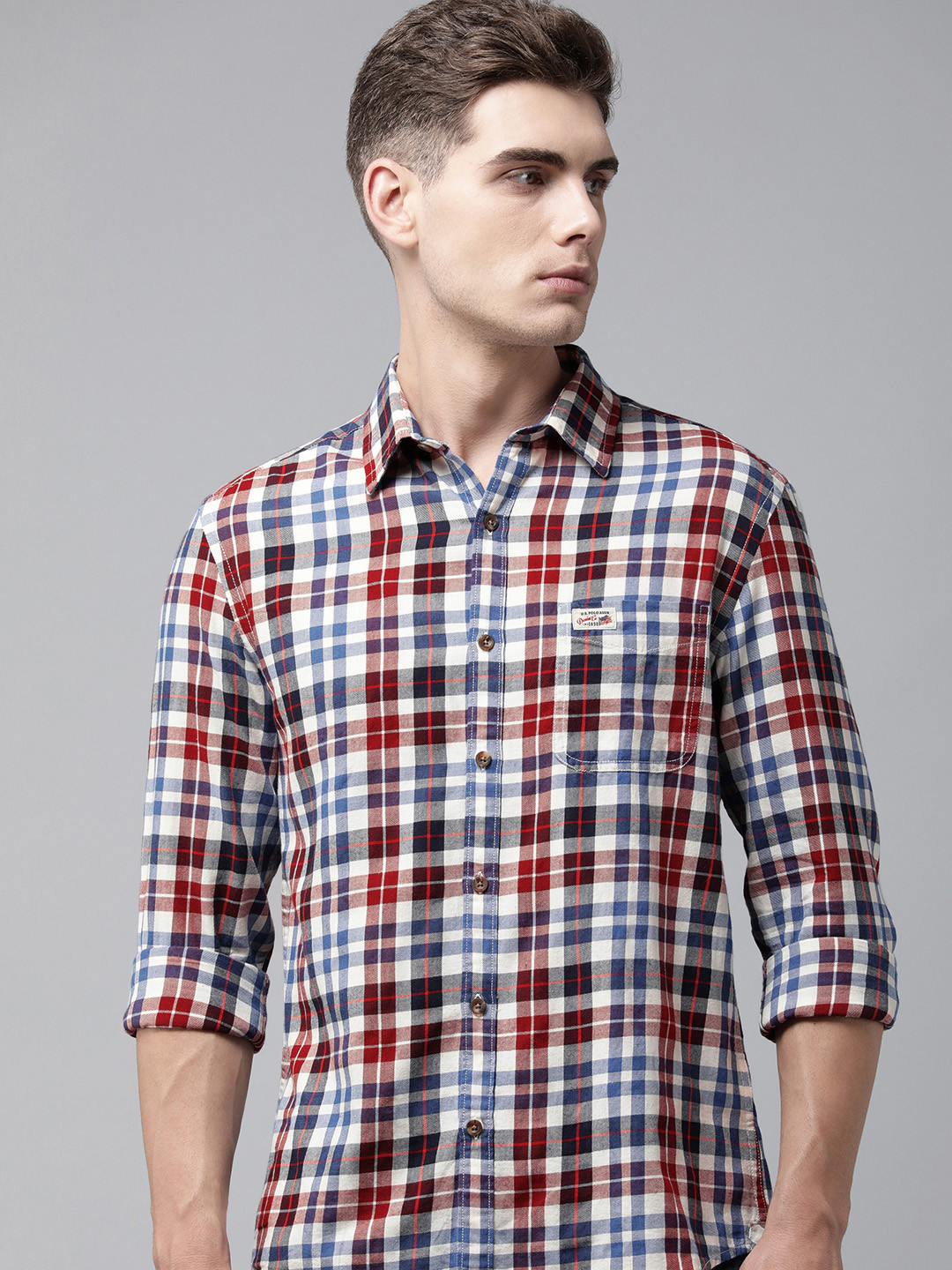 

U S Polo Assn Denim Co Men Maroon & White Checked Pure Cotton Casual Shirt