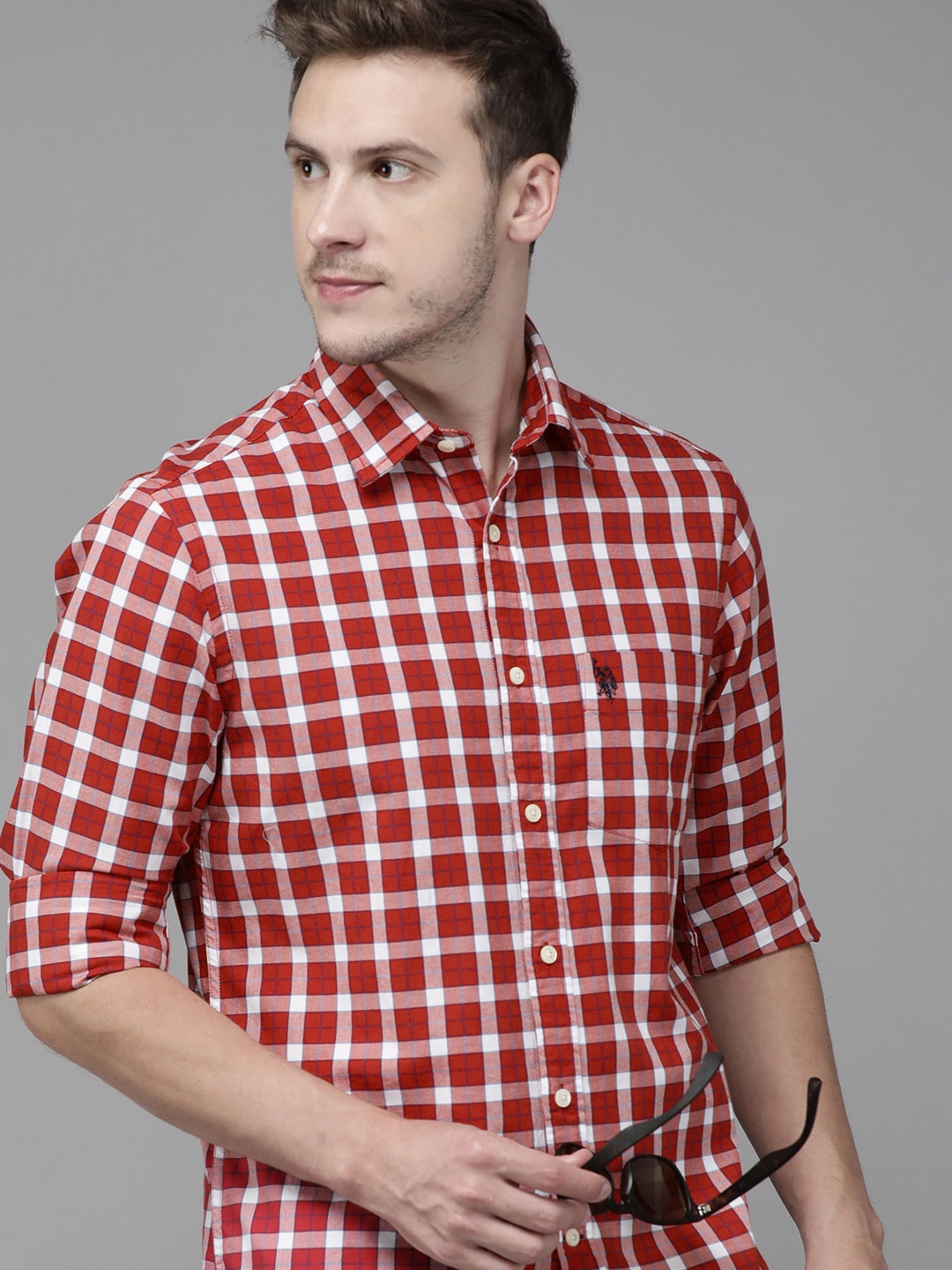 

U S Polo Assn Men Red & White Tailored Fit Checked Pure Cotton Casual Shirt