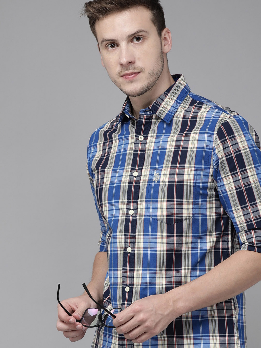 

U S Polo Assn Men Blue Tailored Fit Tartan Checked Pure Cotton Casual Shirt