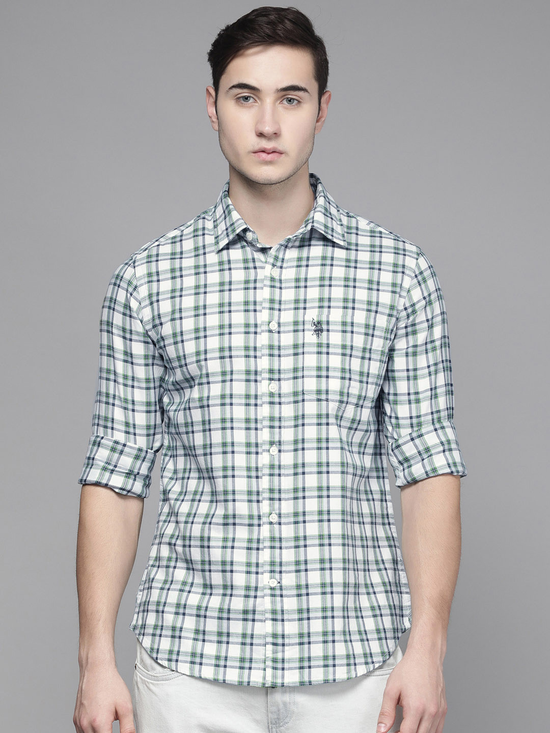 

U S Polo Assn Men Green And Blue Tailored Fit Tartan Checked Pure Cotton Casual Shirt