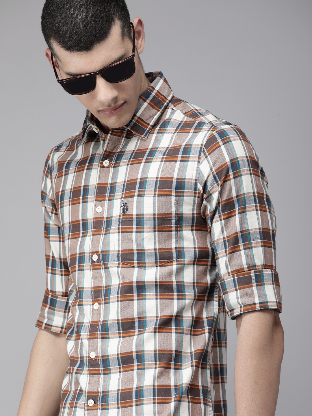 

U S Polo Assn Men Brown Tailored Fit Tartan Checked Casual Shirt