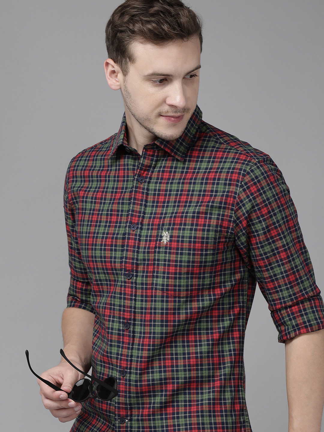 

U.S. Polo Assn. Men Green & Red Checked Tailored Fit Pure Cotton Casual Shirt