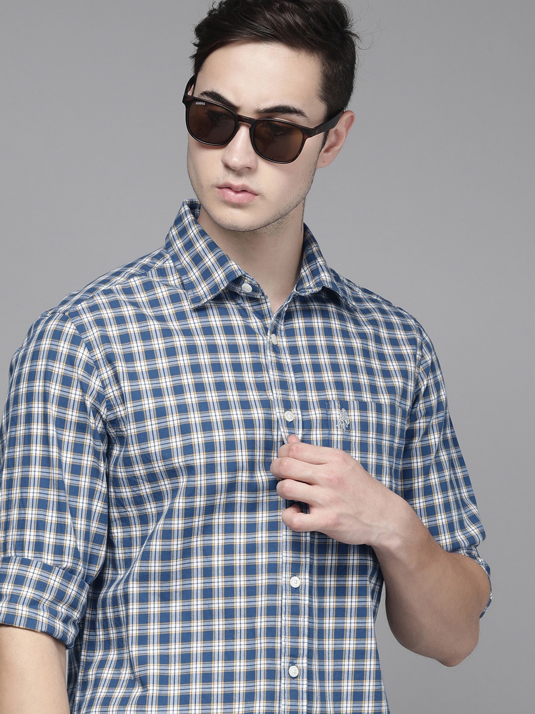 

U S Polo Assn Men Blue And White Checked Tailored Fit Pure Cotton Casual Shirt