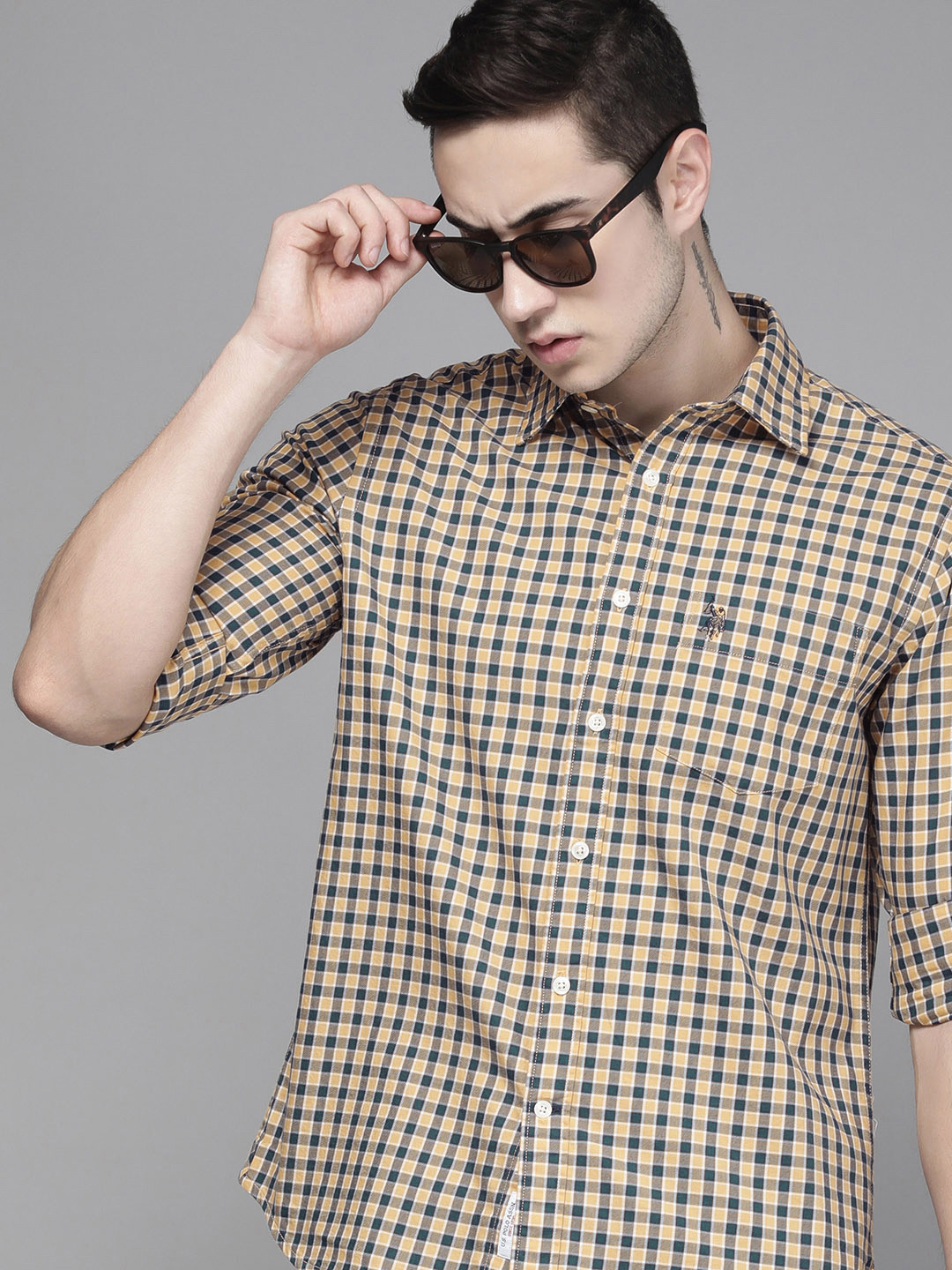 

U S Polo Assn Men Peach And Blue Tailored Fit Grid Tattersall Checked Cotton Casual Shirt