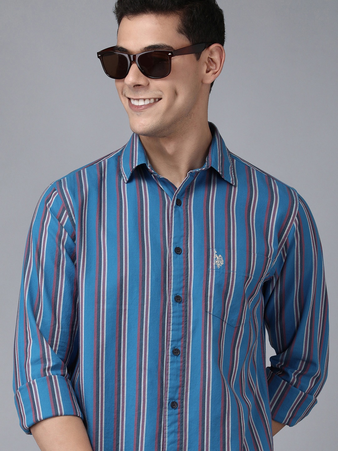 

U S Polo Assn Men Blue And Red Tailored Fit Striped Pure Cotton Casual Shirt
