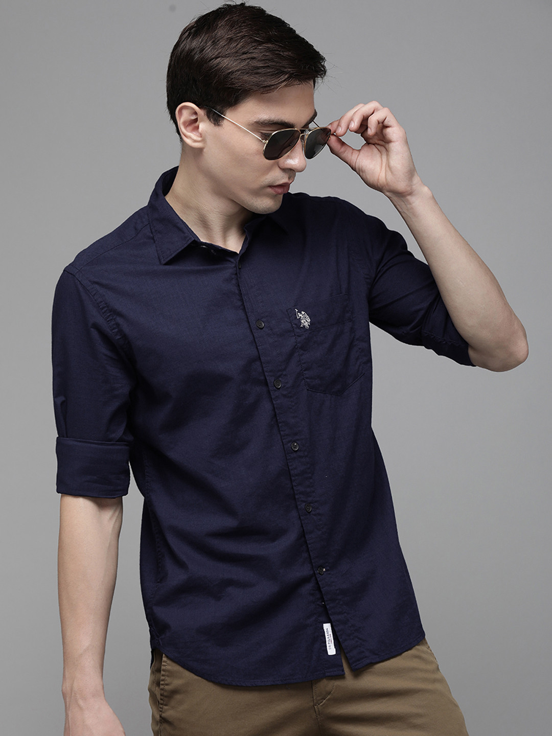 

U S Polo Assn Men Navy Blue Solid Pure Cotton Casual Shirt