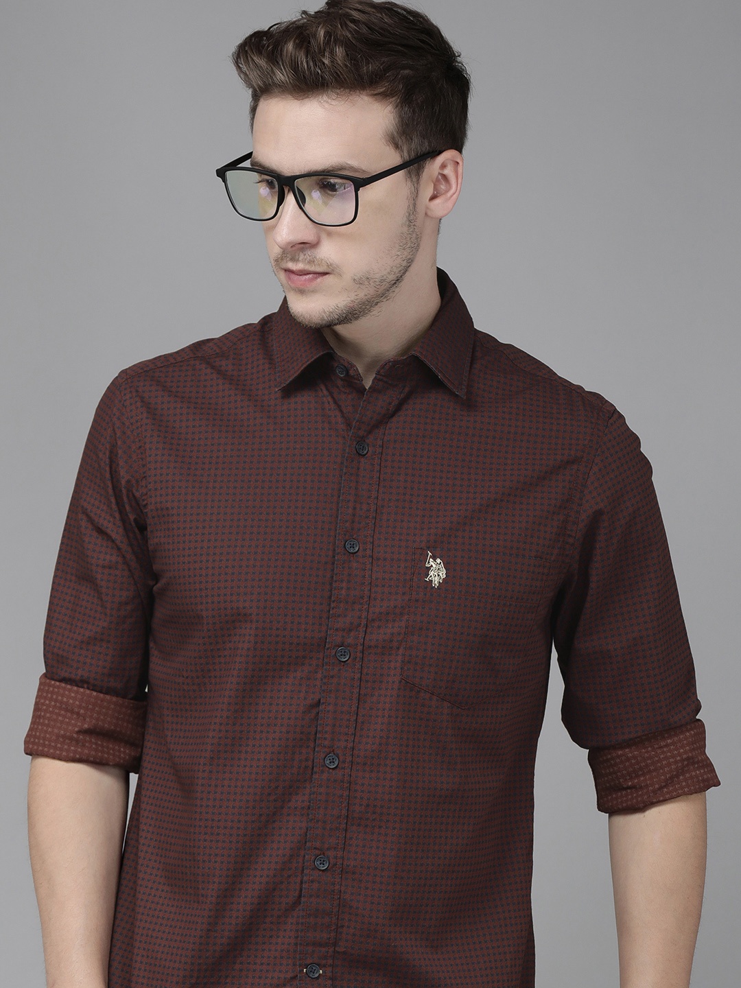 

U S Polo Assn Men Maroon & Blue Textured Casual Shirt