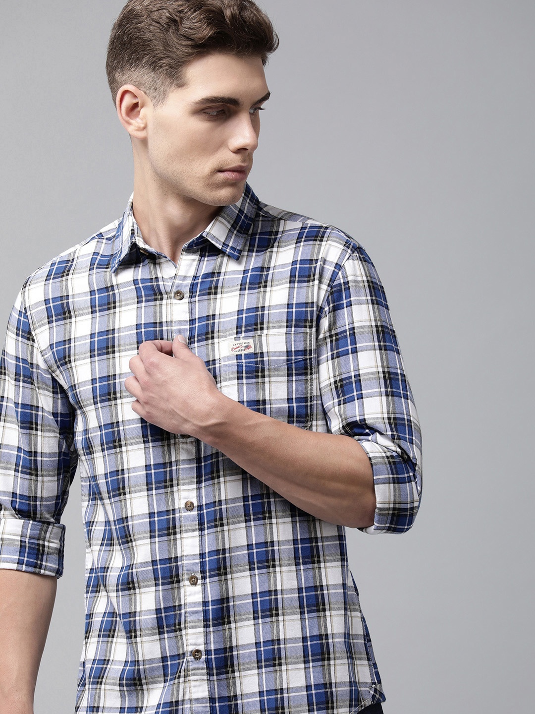 

U S Polo Assn Denim Co Men Blue & White Checked Pure Cotton Casual Shirt