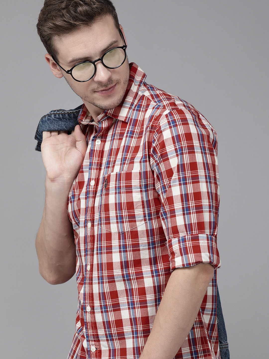 

U S Polo Assn Men Red & Blue Tailored Fit Tartan Checks Checked Casual Shirt