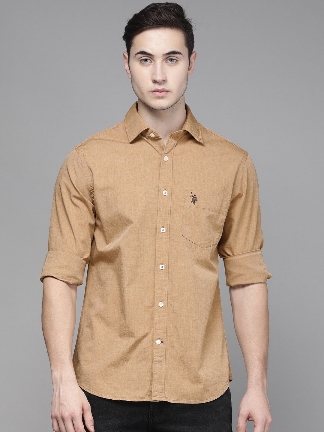 

U S Polo Assn Men Mustard Solid Tailored Fit Pure Cotton Casual Shirt