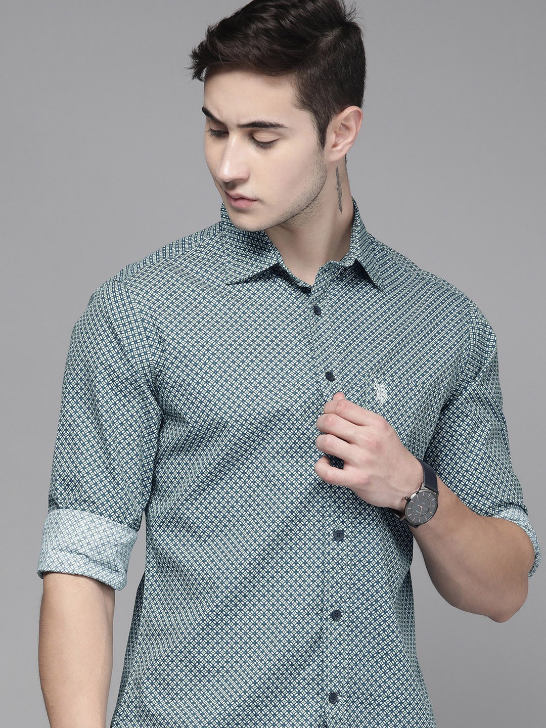 

U S Polo Assn Men Teal Green Tailored Fit Printed Pure Cotton Casual Shirt