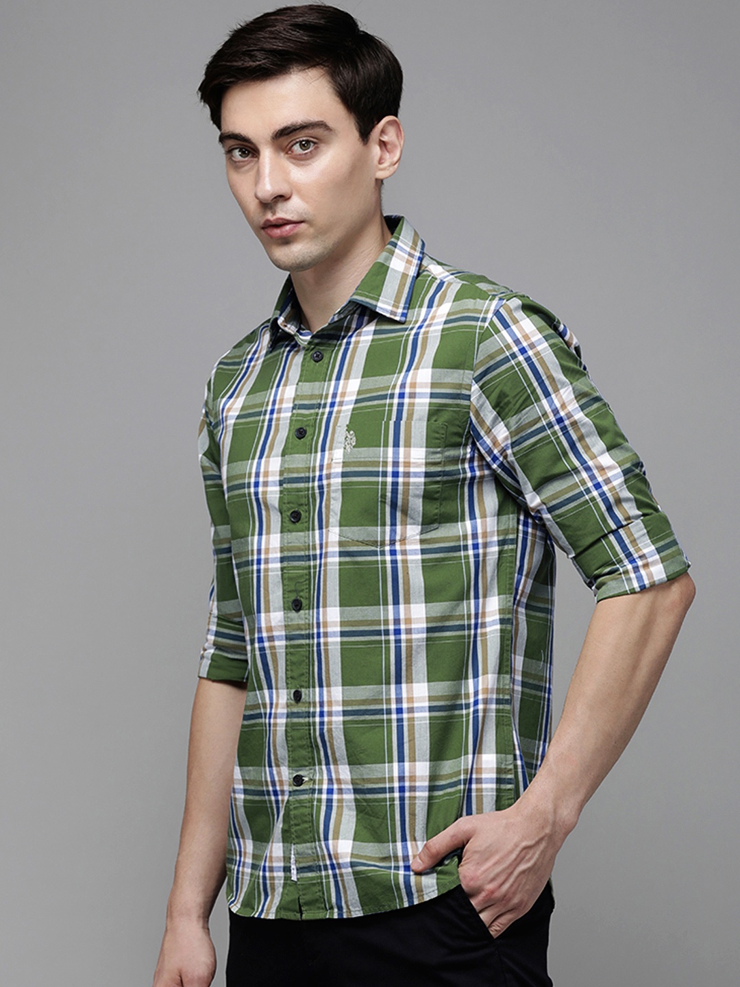 

U S Polo Assn Men Olive Green Tartan Checked Casual Shirt