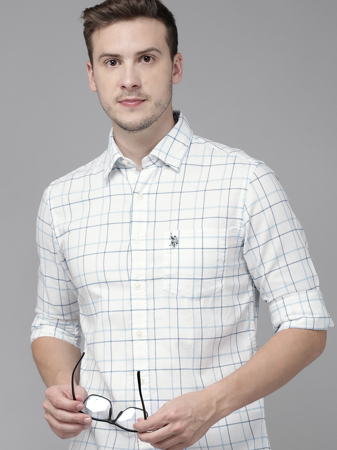 

U S Polo Assn Men Blue & White Tailored Fit Checked Casual Shirt