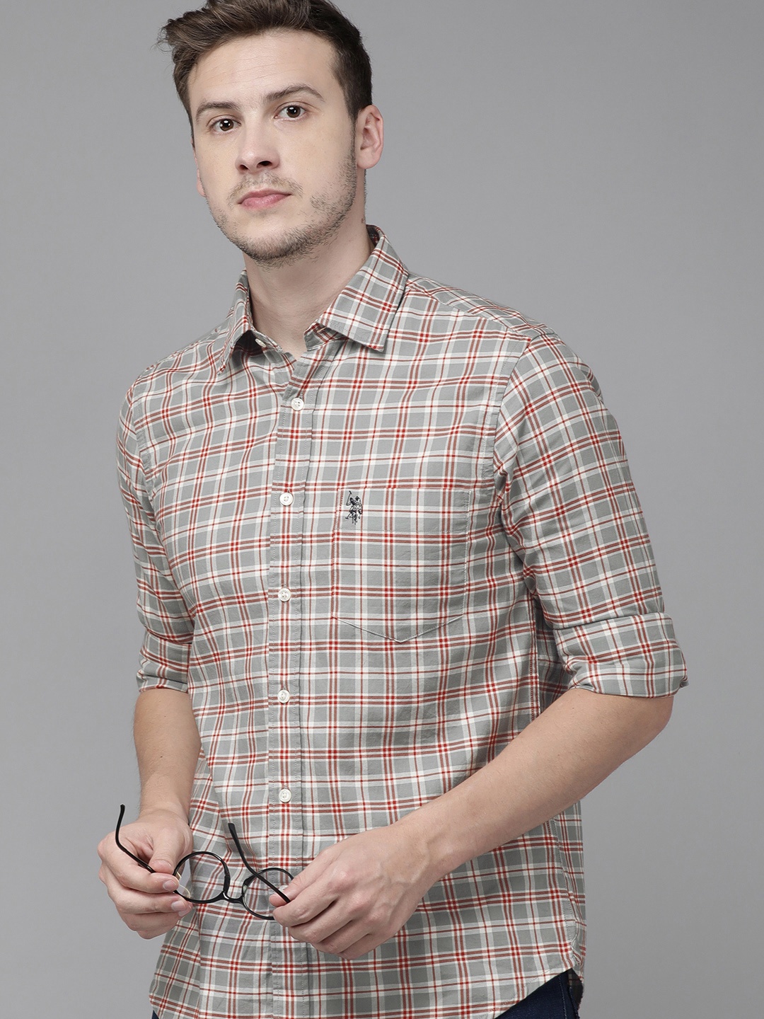 

U S Polo Assn Men Grey & Red Tailored Fit Checked Casual Shirt