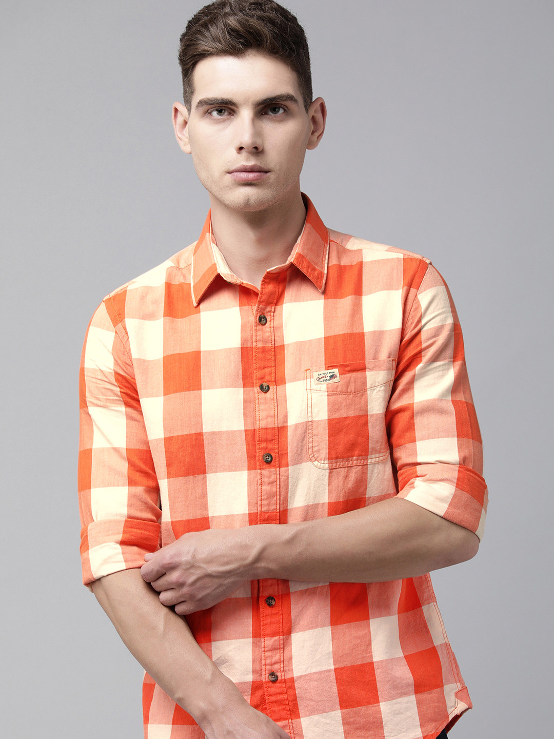 

U S Polo Assn Denim Co Men Orange & White Checked Pure Cotton Casual Shirt