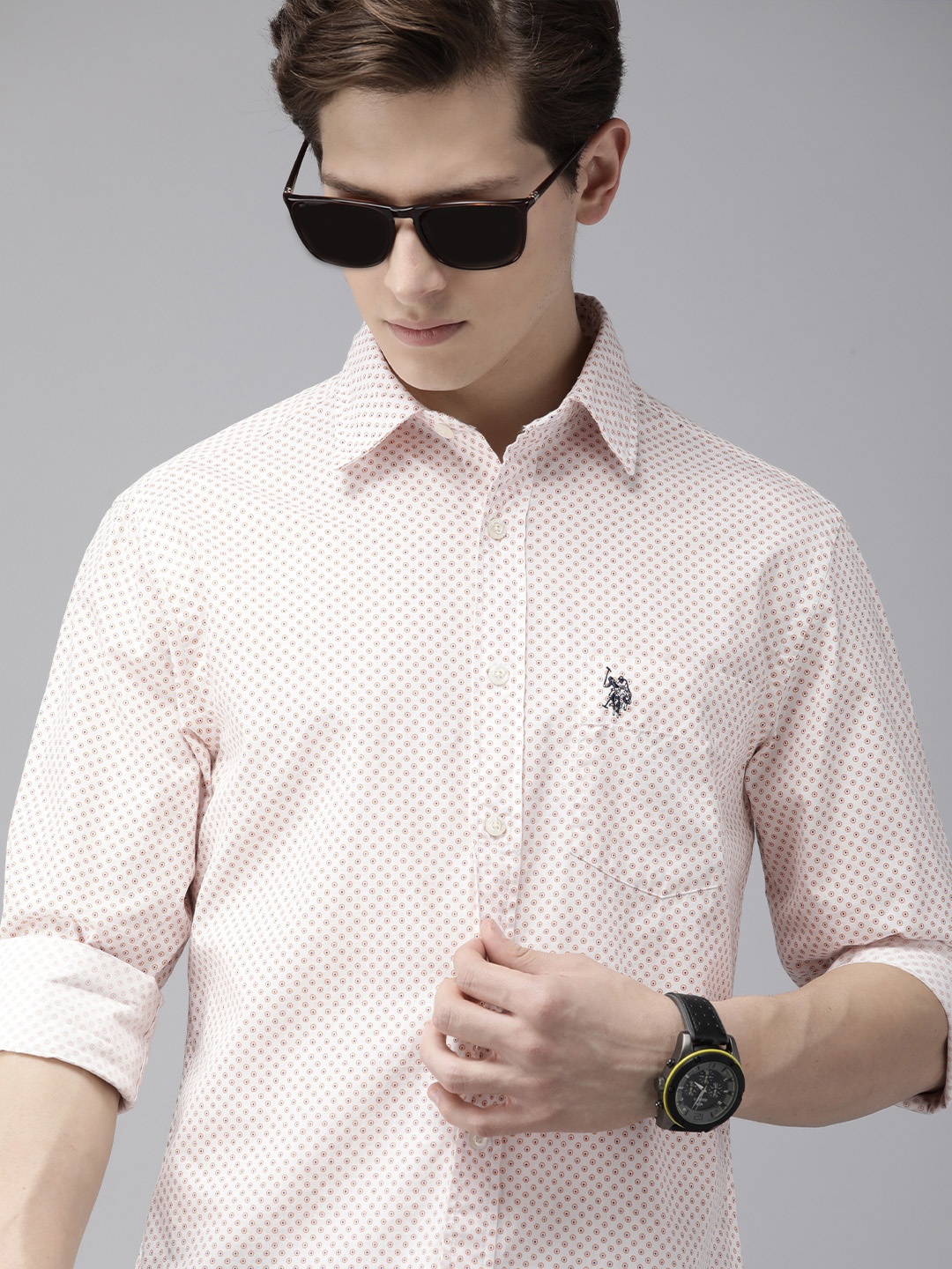 

U S Polo Assn Men White Tailored Fit Geometrical Printed Casual Shirt