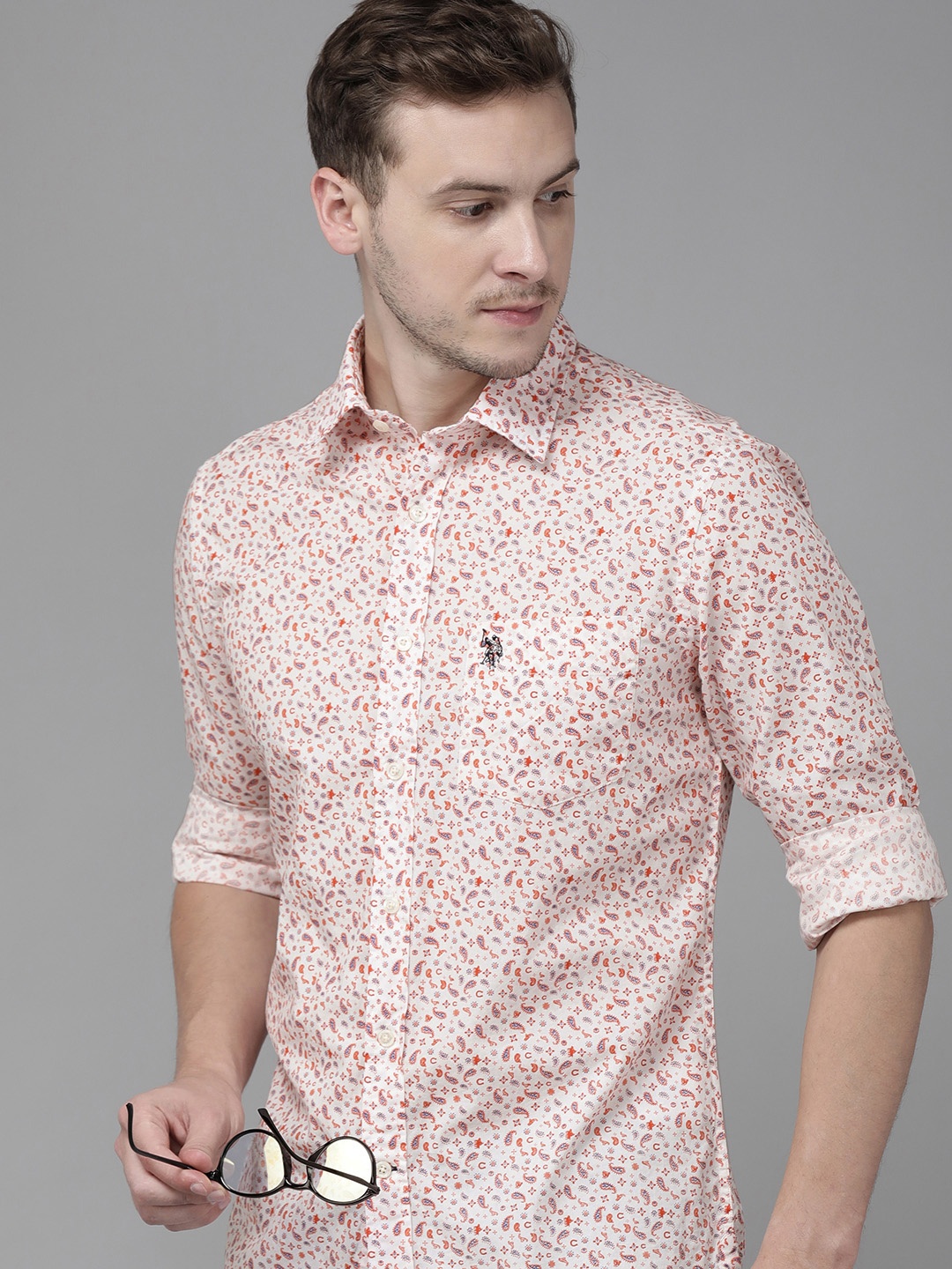 

U S Polo Assn Men White Tailored Fit Printed Casual Shirt