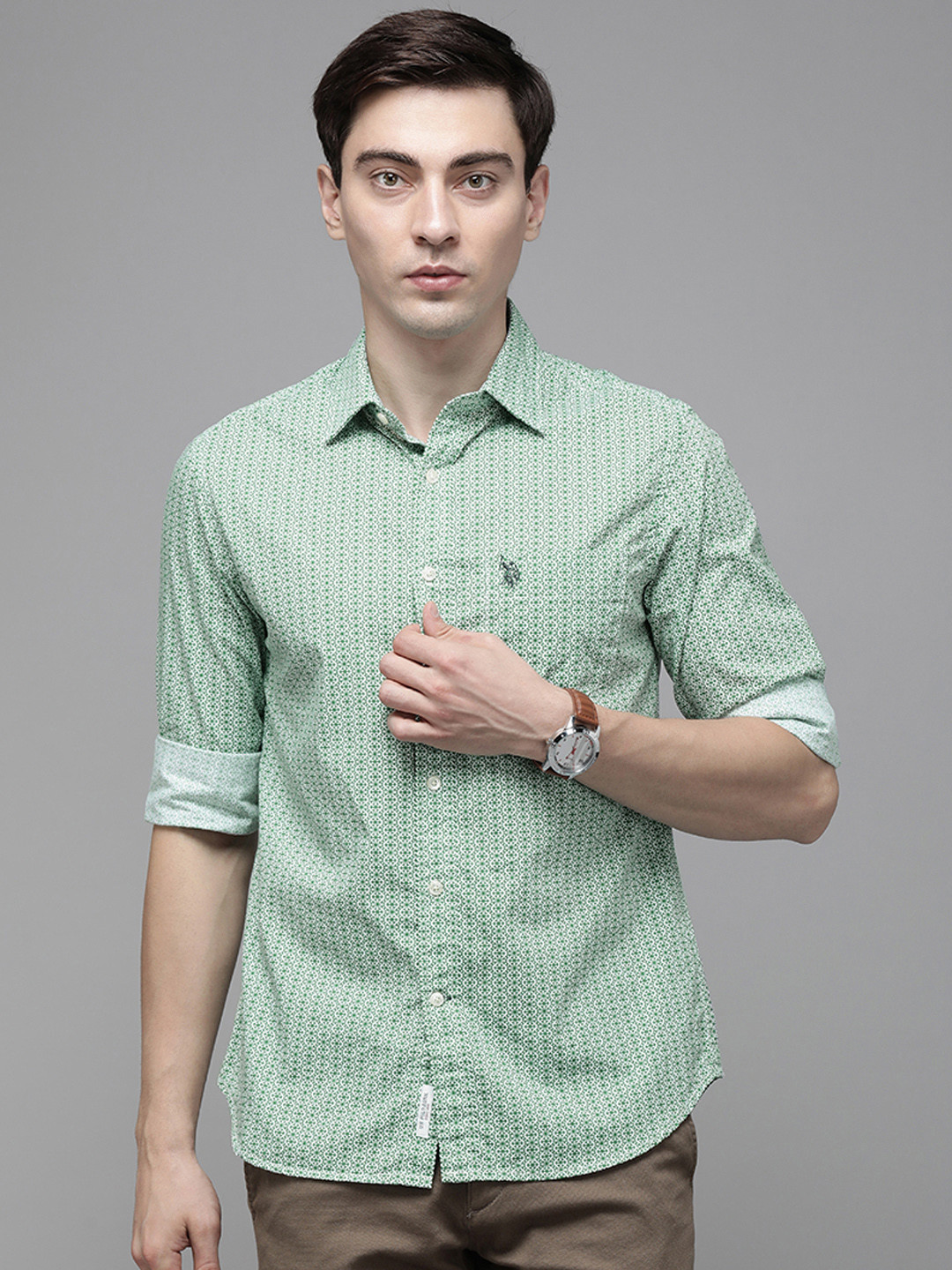 

U S Polo Assn Men Green Geometric Printed Casual Shirt