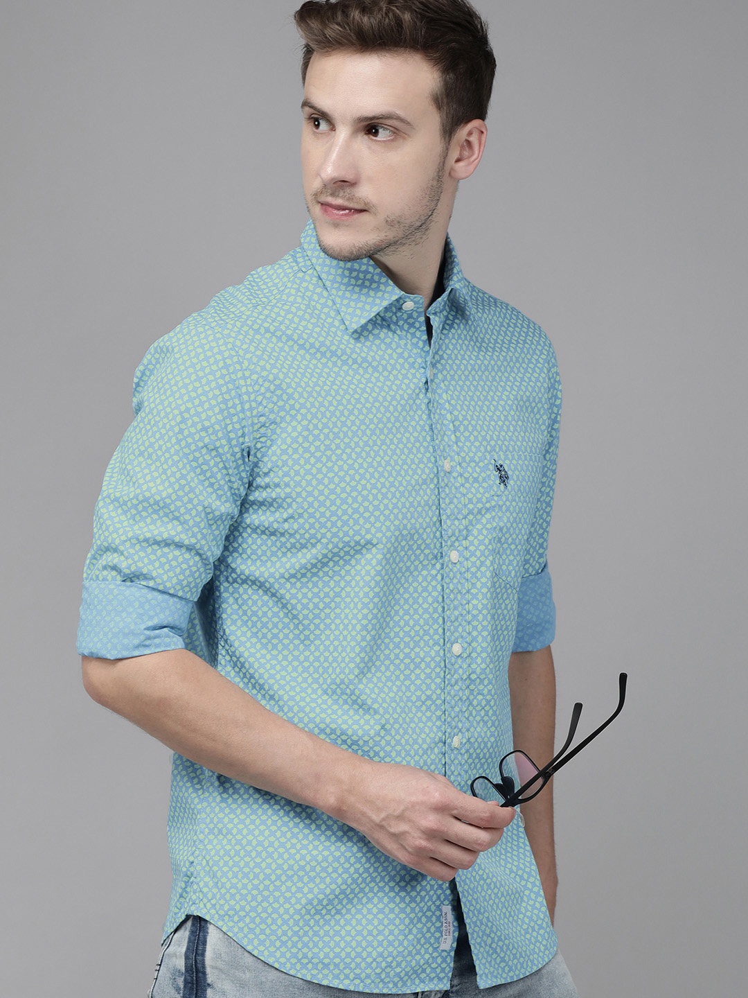 

U S Polo Assn Men Blue Tailored Fit Printed Casual Shirt