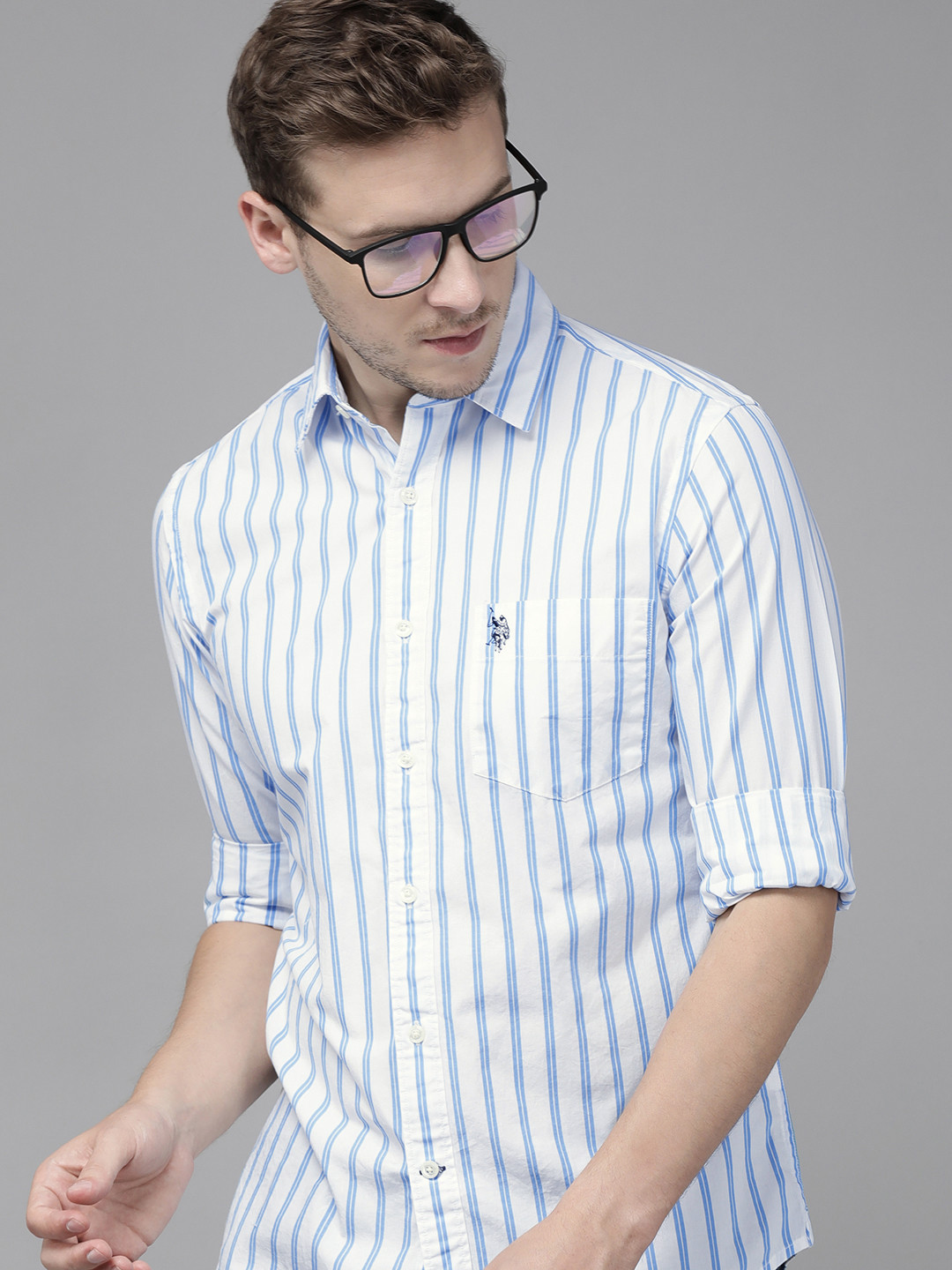 

U S Polo Assn Men White & Blue Tailored Fit Striped Pure Cotton Casual Shirt