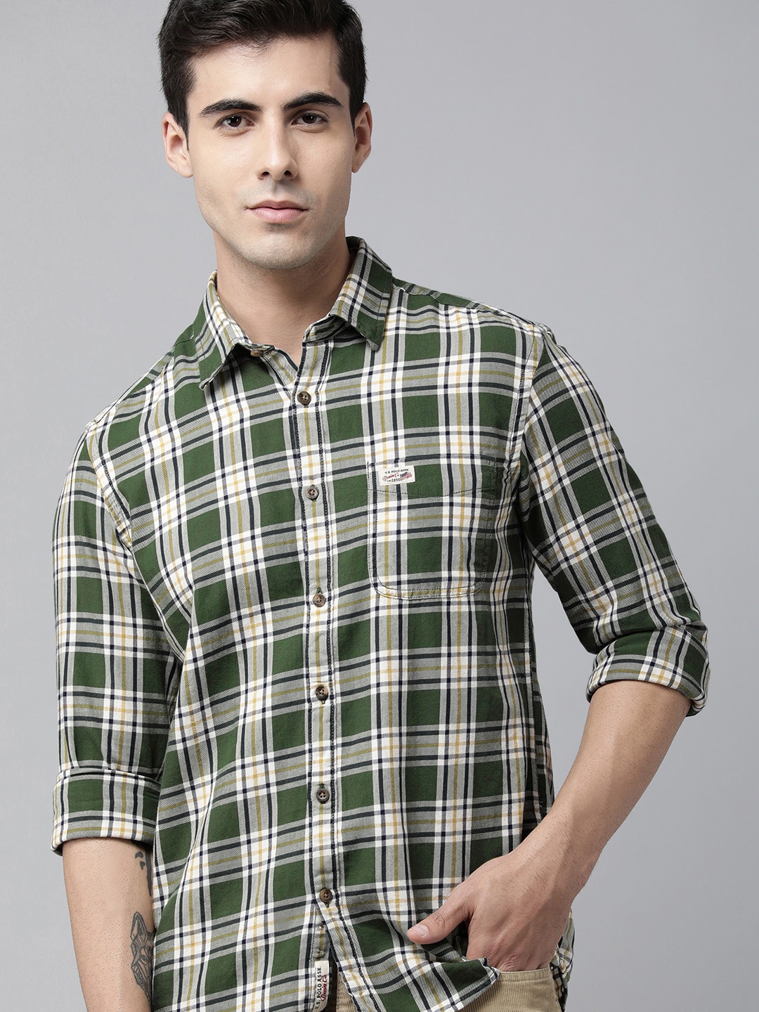 

U.S. Polo Assn. Denim Co. Men Green & Off-White Checked Pure Cotton Casual Shirt
