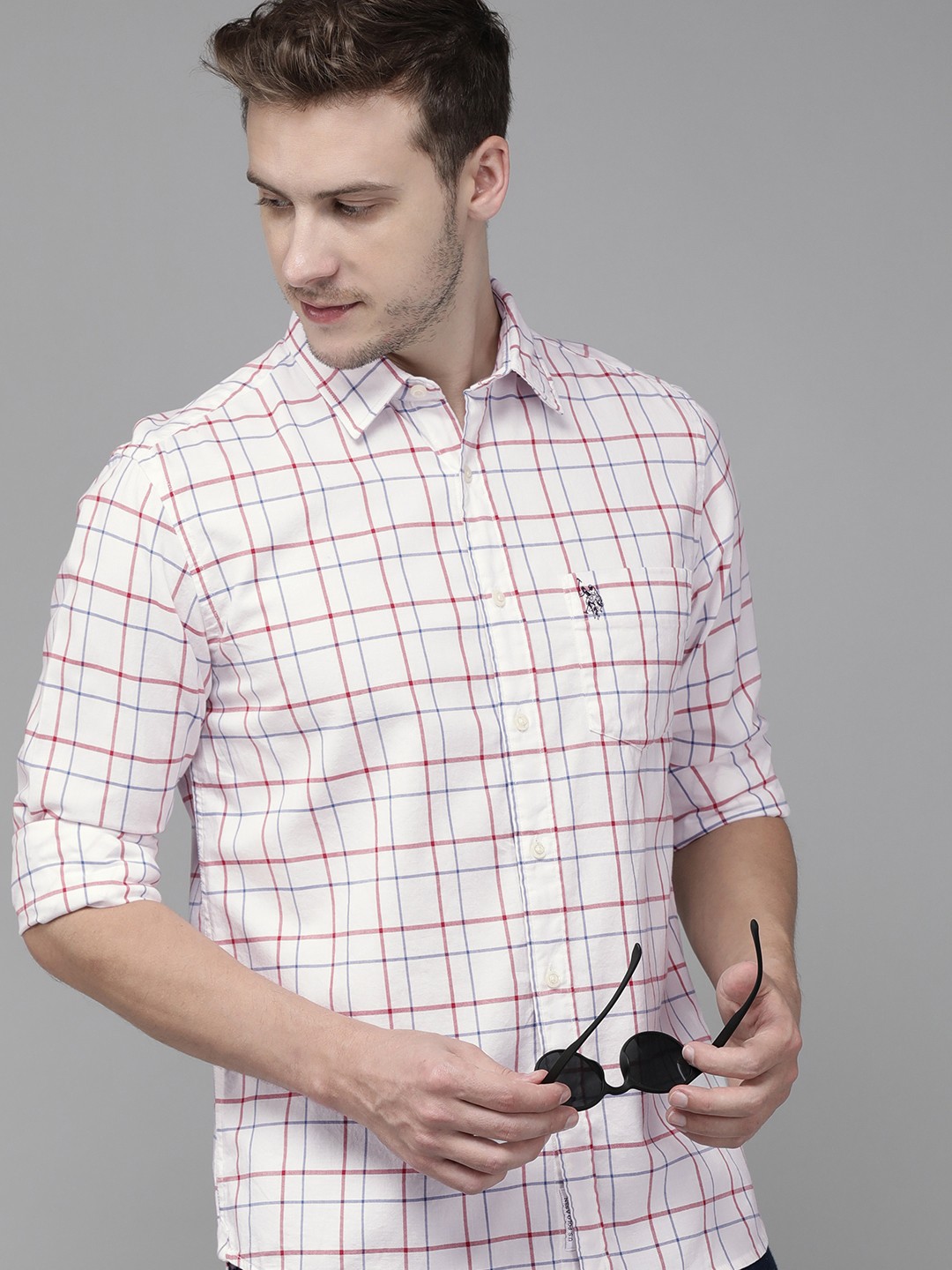 

U S Polo Assn Men White & Red Tailored Fit Checked Pure Cotton Casual Shirt