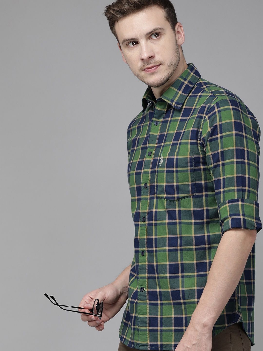

U S Polo Assn Men Olive Green Tailored Fit Checked Casual Shirt