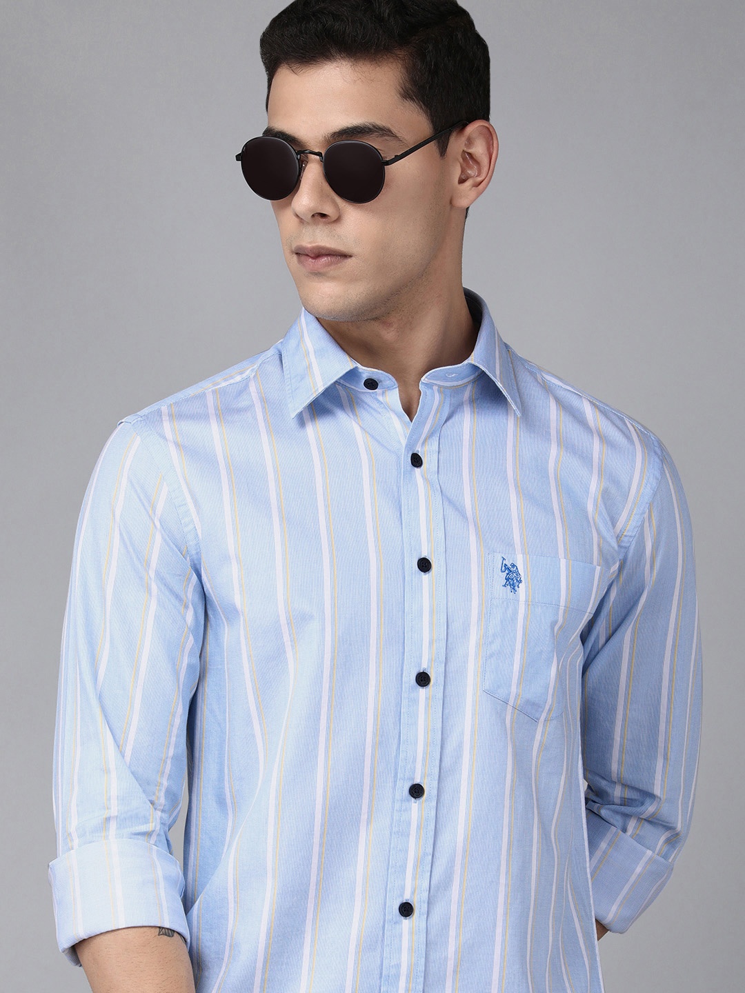 

U S Polo Assn Men Blue Vertical Striped Casual Shirt