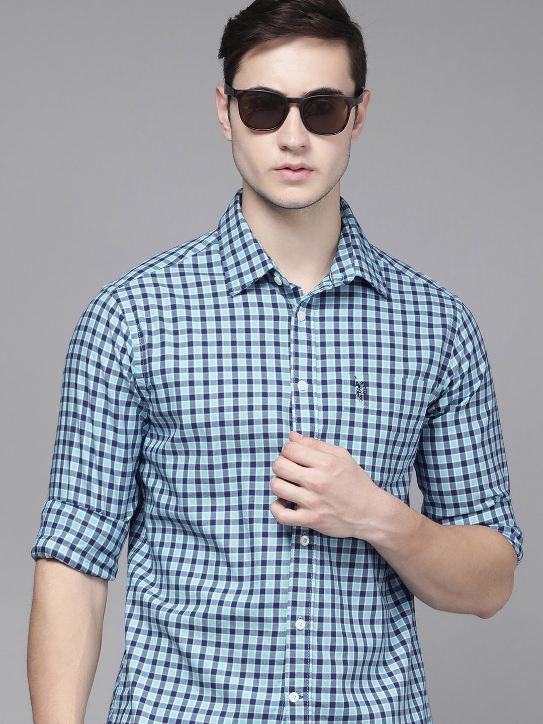 

U S Polo Assn Men Blue Tailored Fit Checked Pure Cotton Casual Shirt