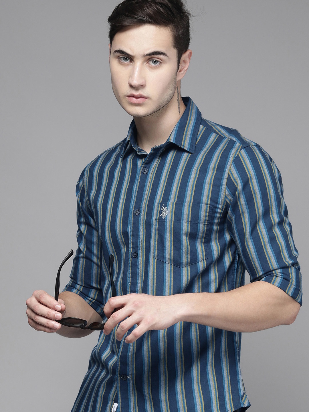 

U S Polo Assn Men Blue Tailored Fit Striped Pure Cotton Casual Shirt