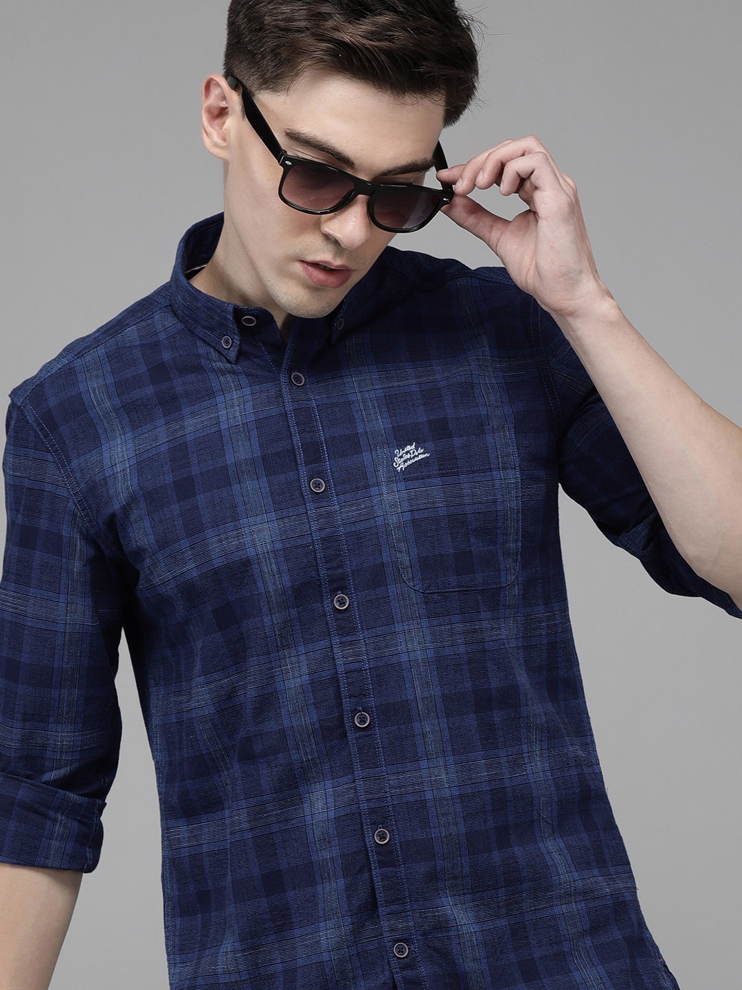 

U S Polo Assn Denim Co Men Blue Tartan Checks Checked Pure Cotton Casual Shirt