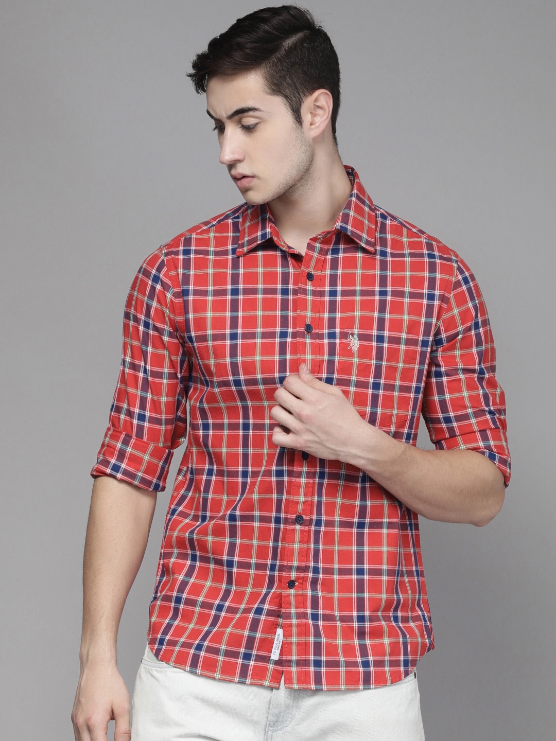 

U S Polo Assn Men Red And Purple Tailored Fit Checked Pure Cotton Casual Shirt