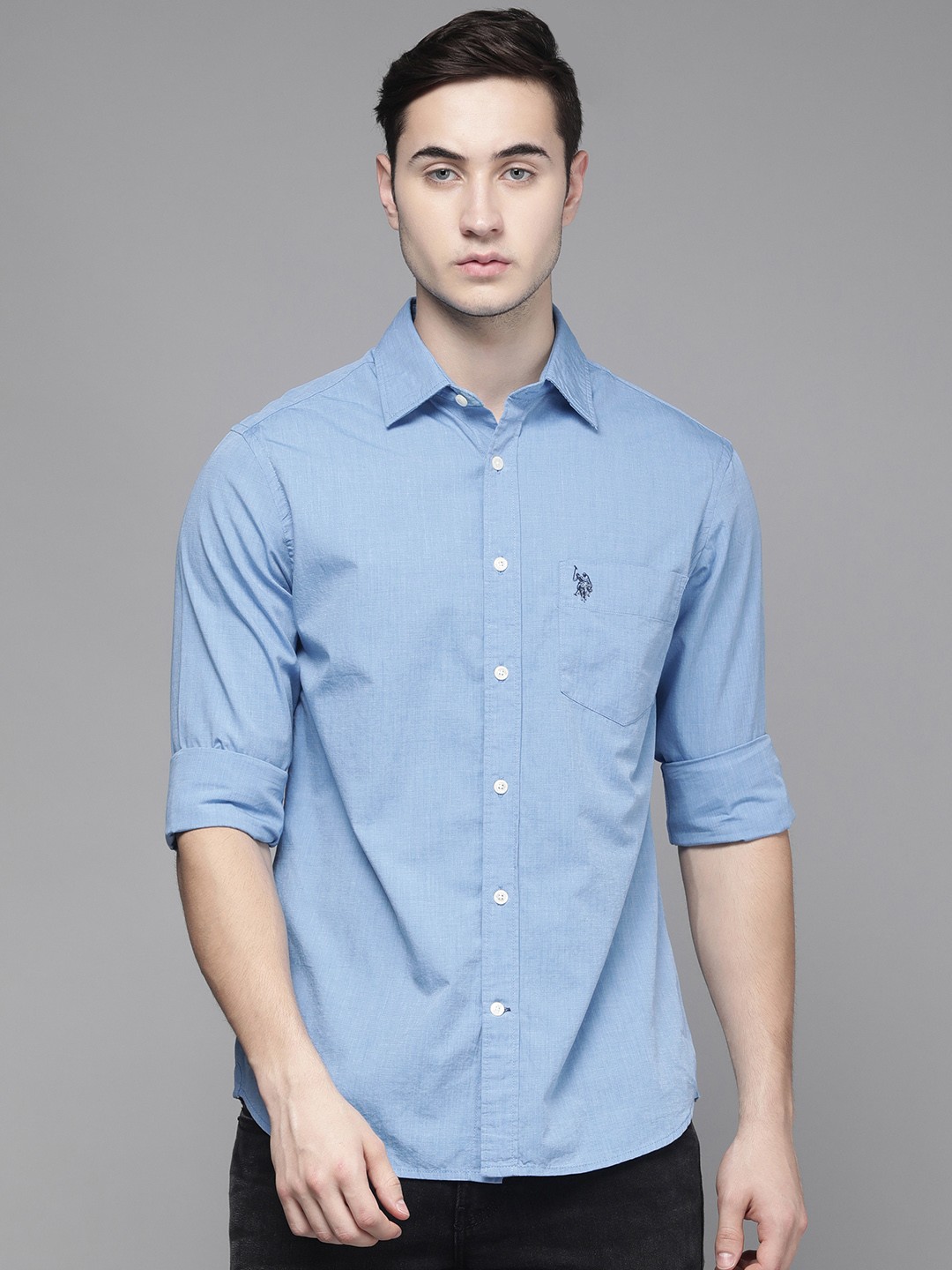 

U S Polo Assn Men Blue Solid Tailored Fit Pure Cotton Casual Shirt