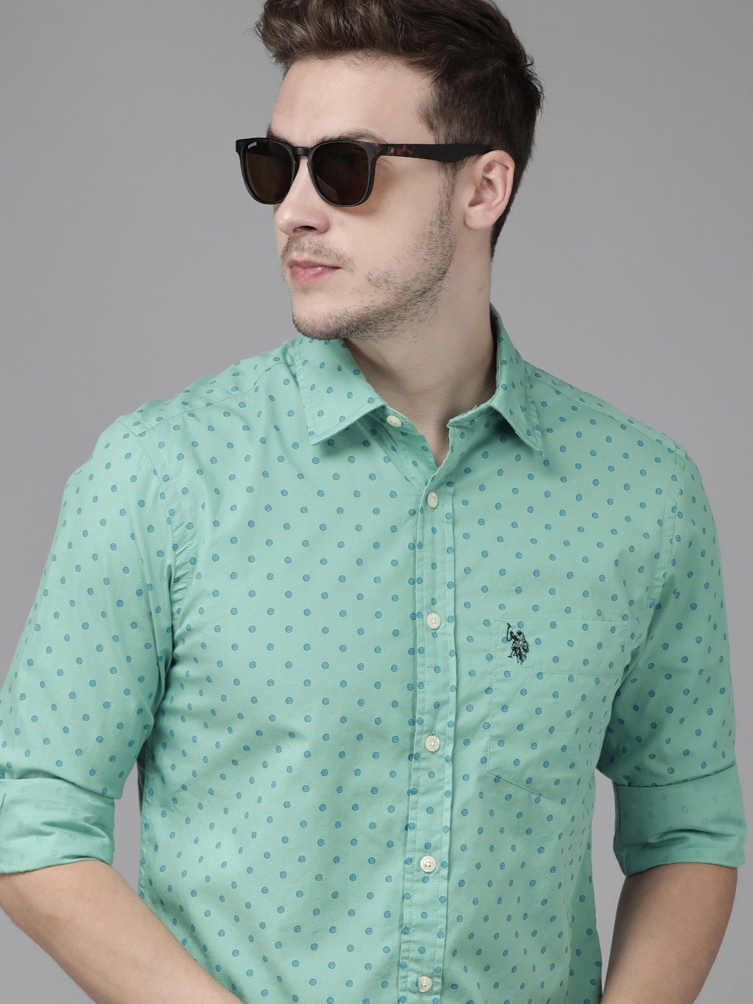 

U S Polo Assn Men Sea Green Tailored Fit Printed Casual Shirt