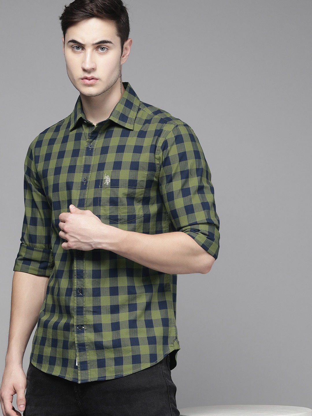 

U S Polo Assn Men Green And Blue Tailored Fit Buffalo Checked Pure Cotton Casual Shirt