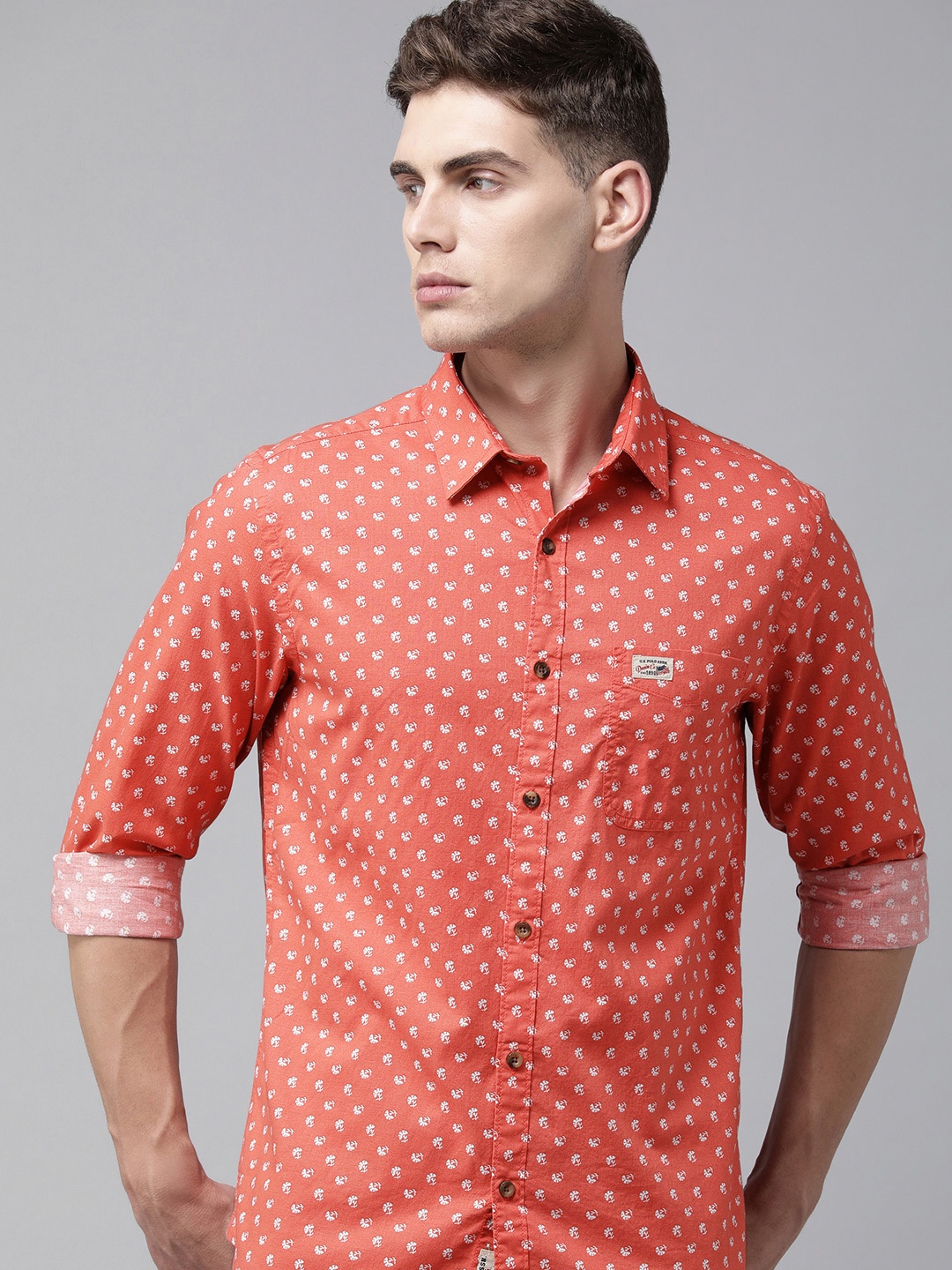 

U S Polo Assn Denim Co Men Orange & White Printed Pure Cotton Casual Shirt
