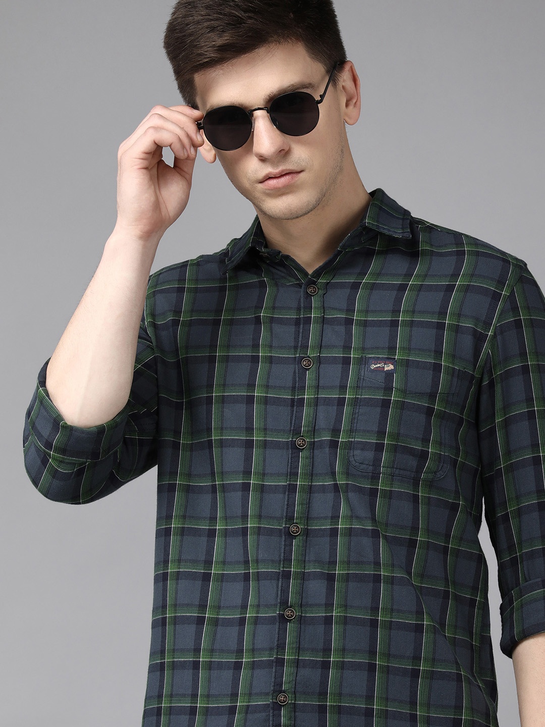 

U S Polo Assn Denim Co Men Navy Blue Windowpane Checked Pure Cotton Casual Shirt