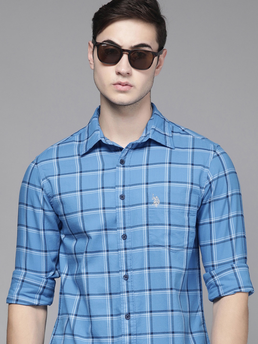 

U S Polo Assn Men Blue Tailored Fit Checked Pure Cotton Casual Shirt