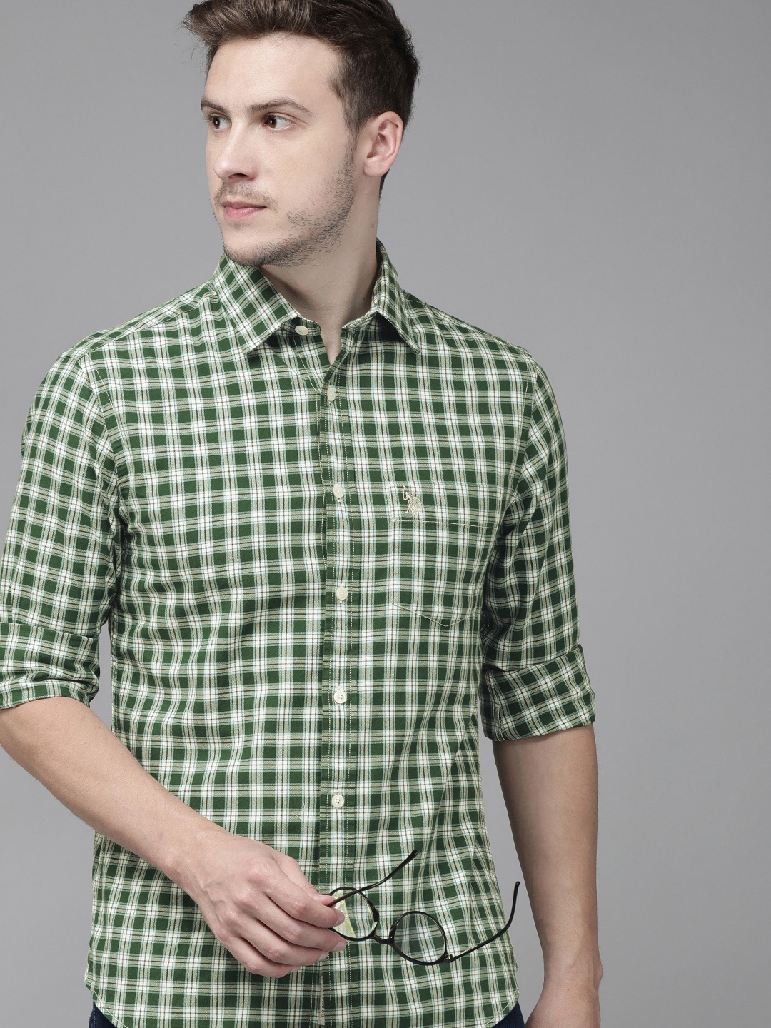 

U S Polo Assn Men Green & White Tailored Fit Checked Casual Shirt