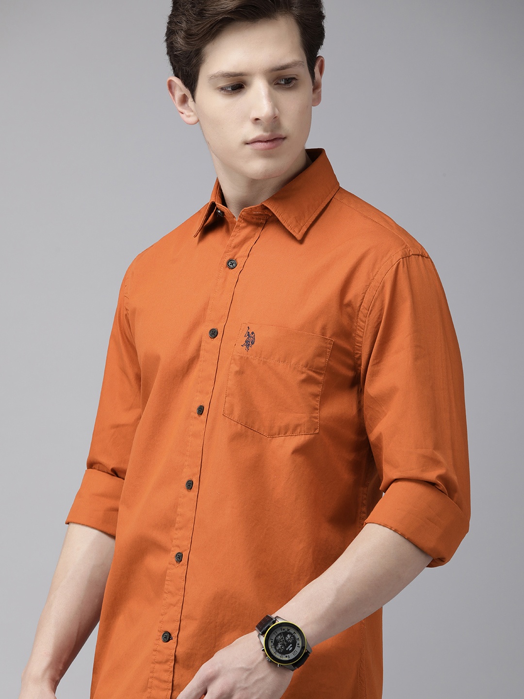 

U S Polo Assn Men Orange Solid Tailored Fit Casual Shirt