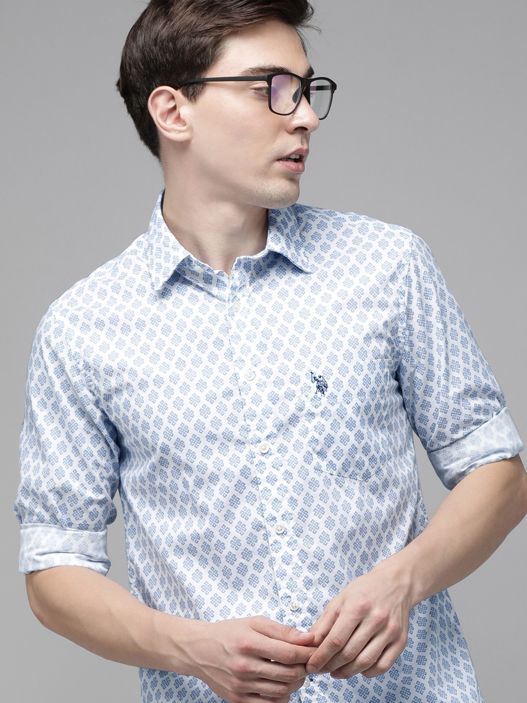 

U S Polo Assn Men White Tailored Fit Printed Casual Shirt