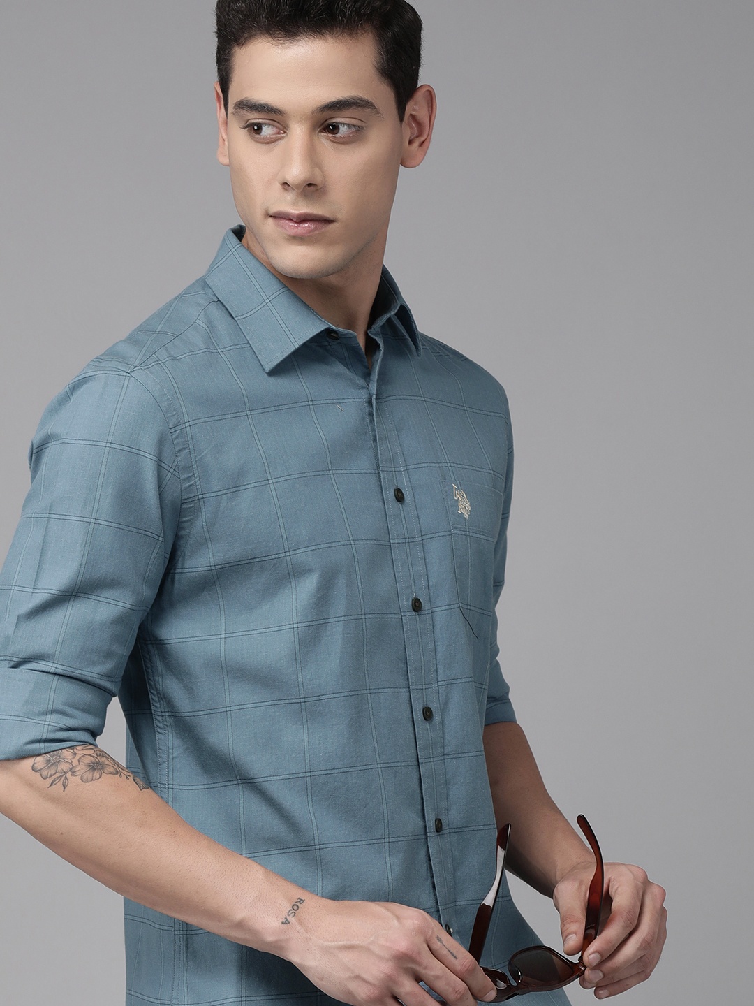 

U S Polo Assn Men Blue & Black Windowpane Checks Full Sleeves Casual Shirt