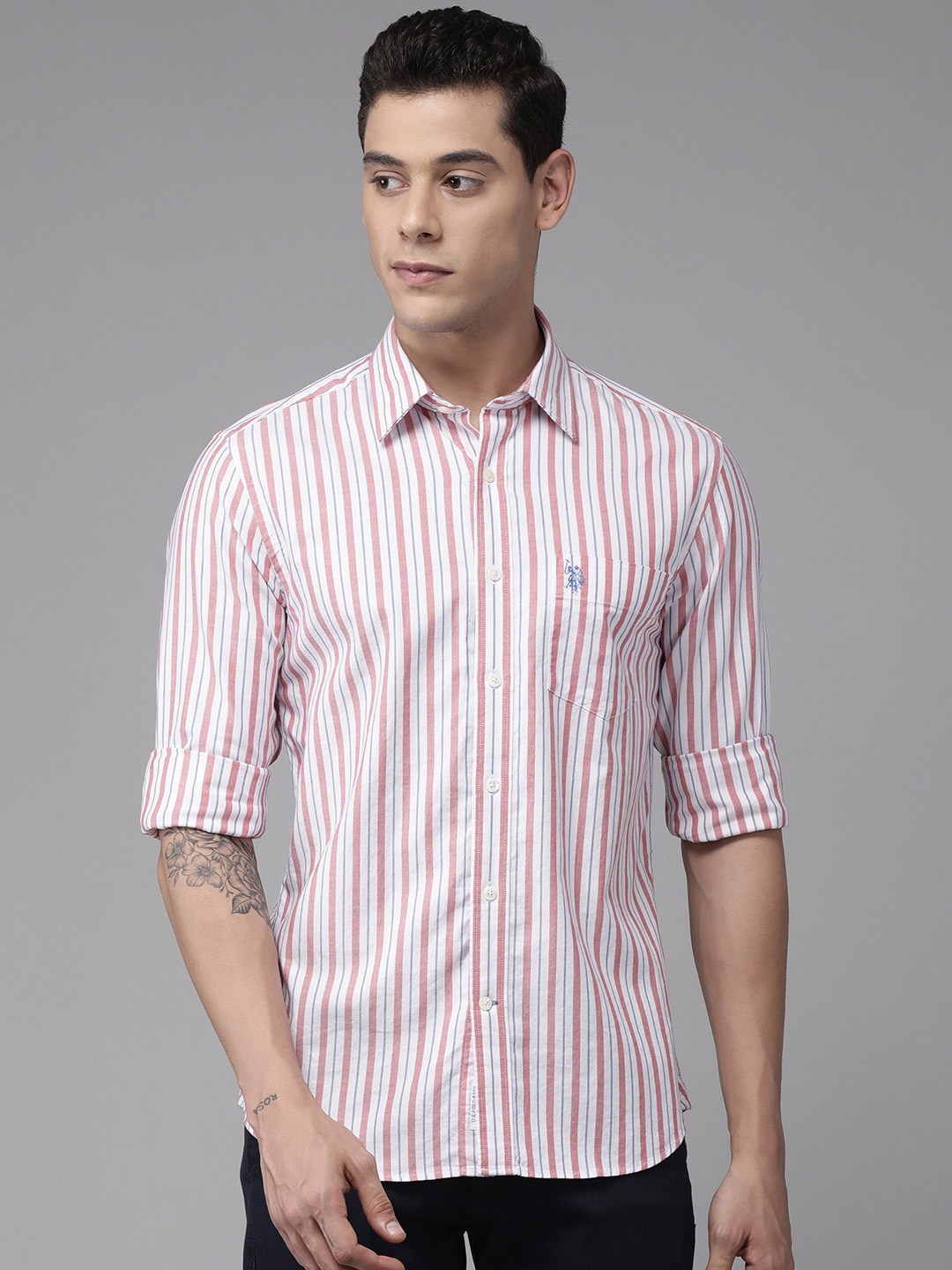 

U S Polo Assn Men White Tailored Fit Striped Casual Shirt