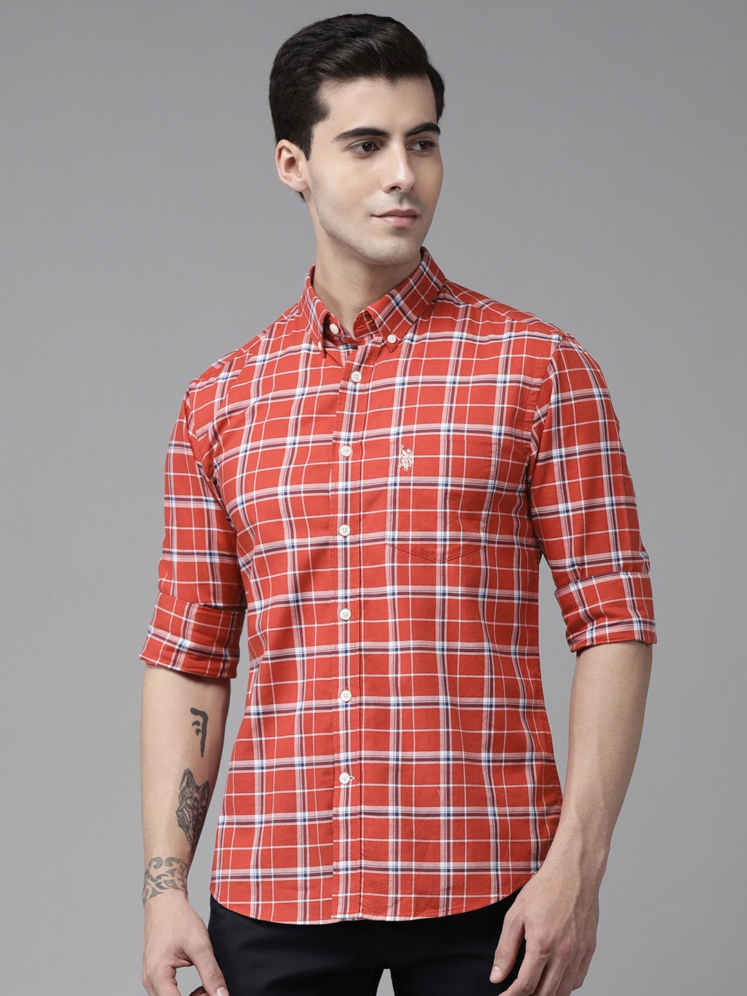 

U S Polo Assn Men Red And Purple Tailored Fit Tartan Checked Casual Shirt