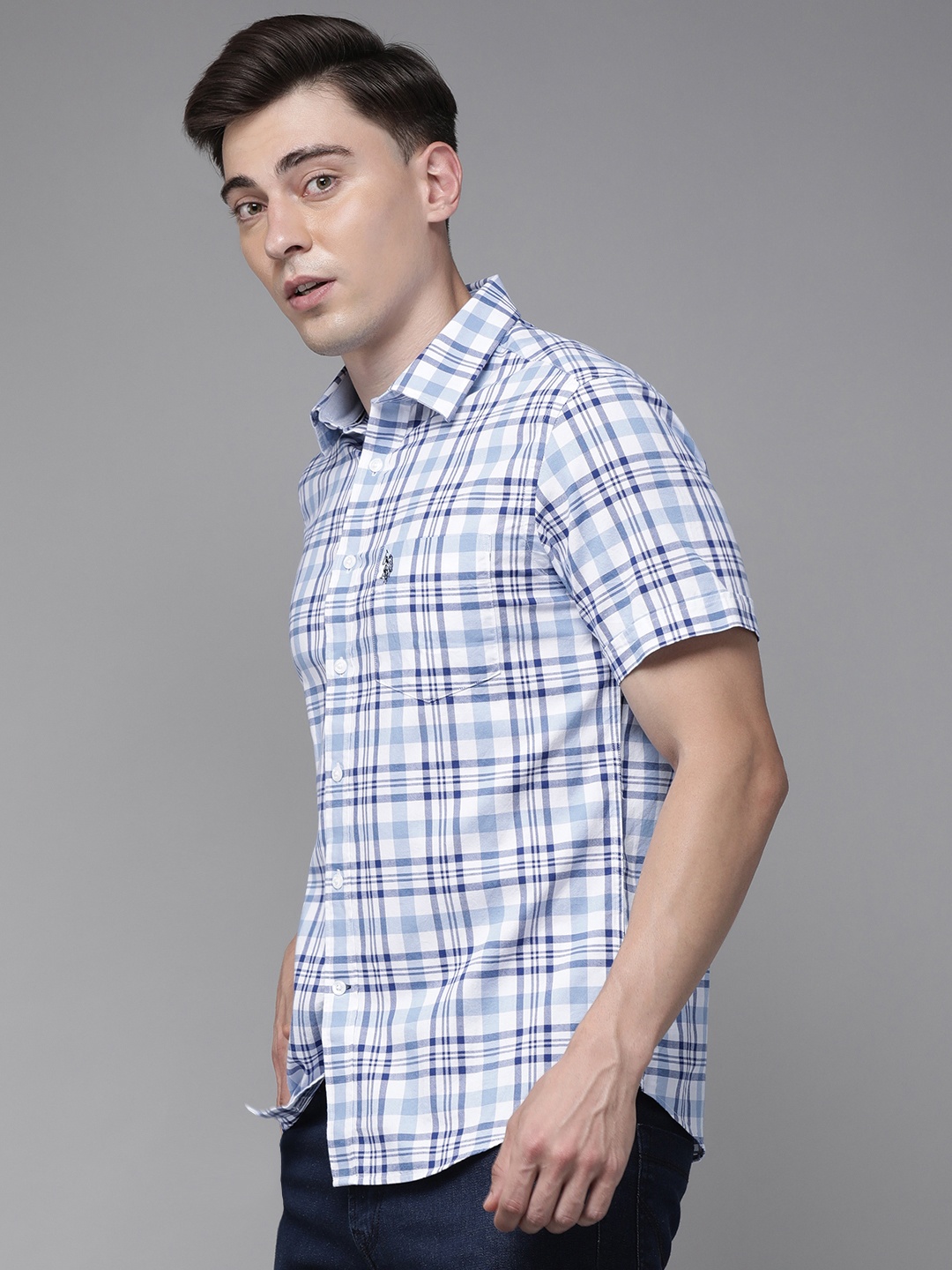 

U.S. Polo Assn. Men Blue Tailored Fit Tartan Checks Opaque Pure Cotton Casual Shirt