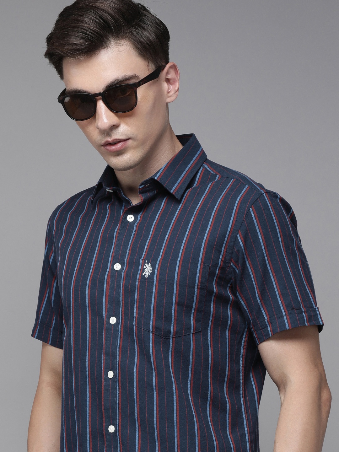 

U S Polo Assn Men Navy Blue Tailored Fit Striped Casual Shirt