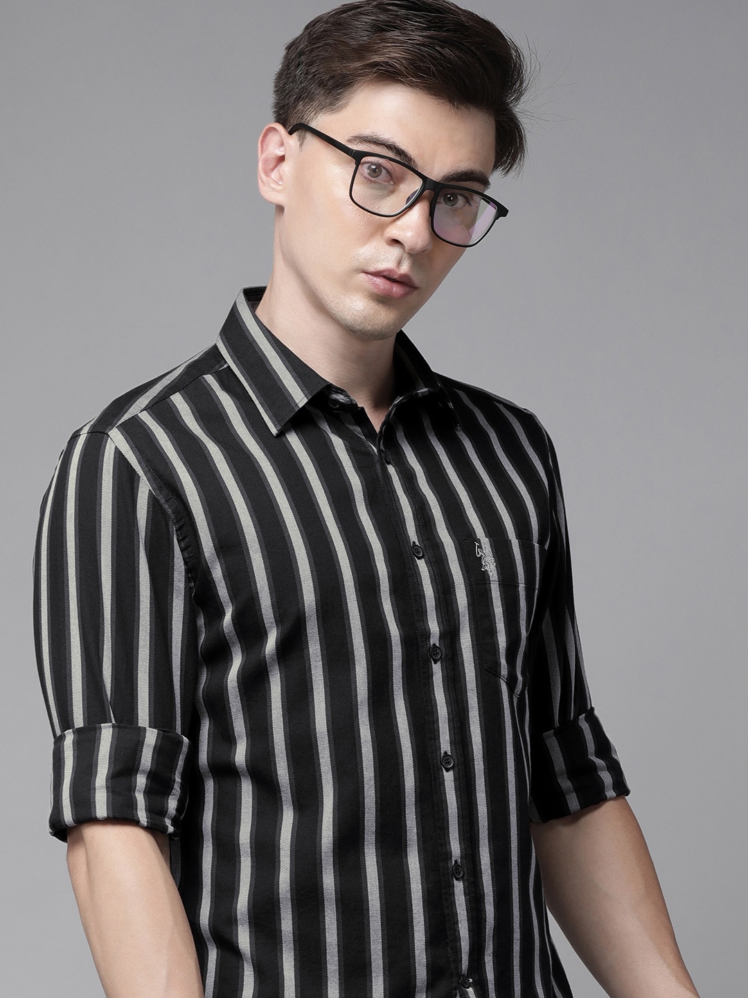 

U S Polo Assn Men Black And Grey Tailored Fit Striped Casual Shirt