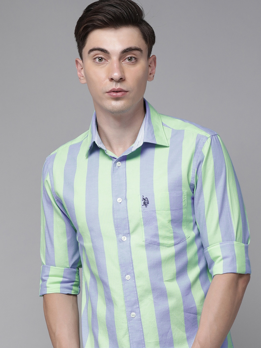 

U S Polo Assn Men Mint Green And Light Blue Tailored Fit Striped Casual Shirt