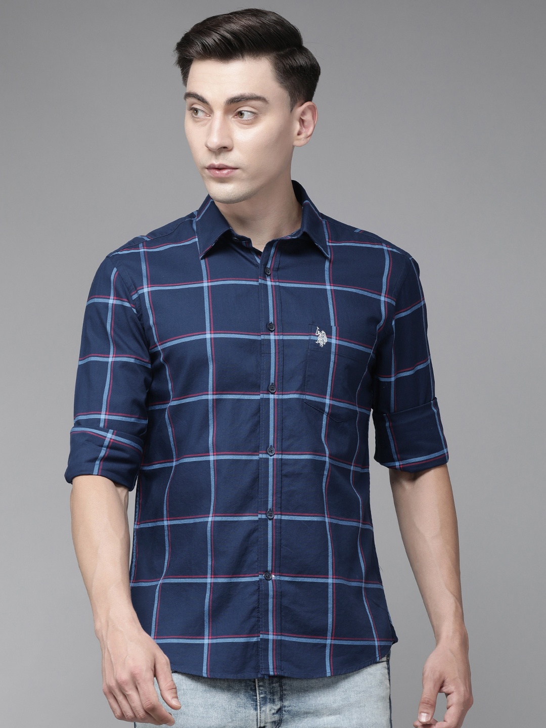 

U.S. Polo Assn. Men Navy Blue Tailored Fit Checked Pure Cotton Casual Shirt