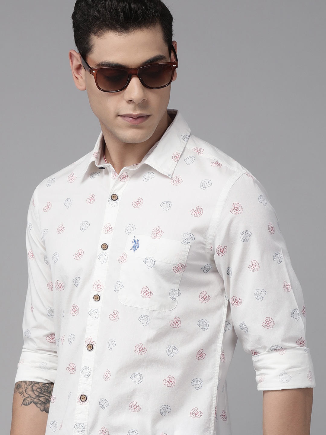 

U.S. Polo Assn. Denim Co. Men Off-White Brand Logo Printed Pure Cotton Casual Shirt
